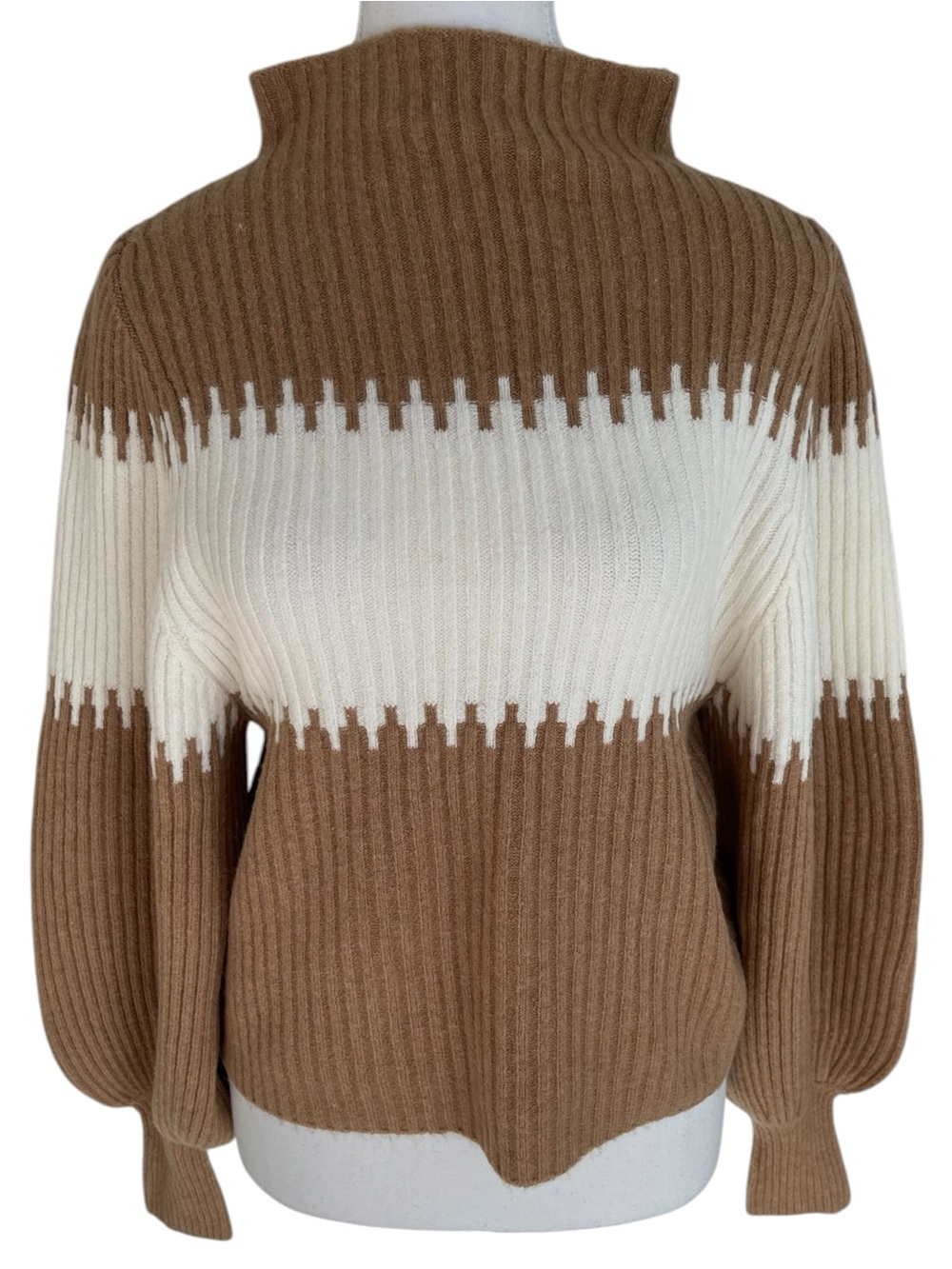 French Connection Brown and Cream Ribbed Knit Mockneck Sweater Size XS